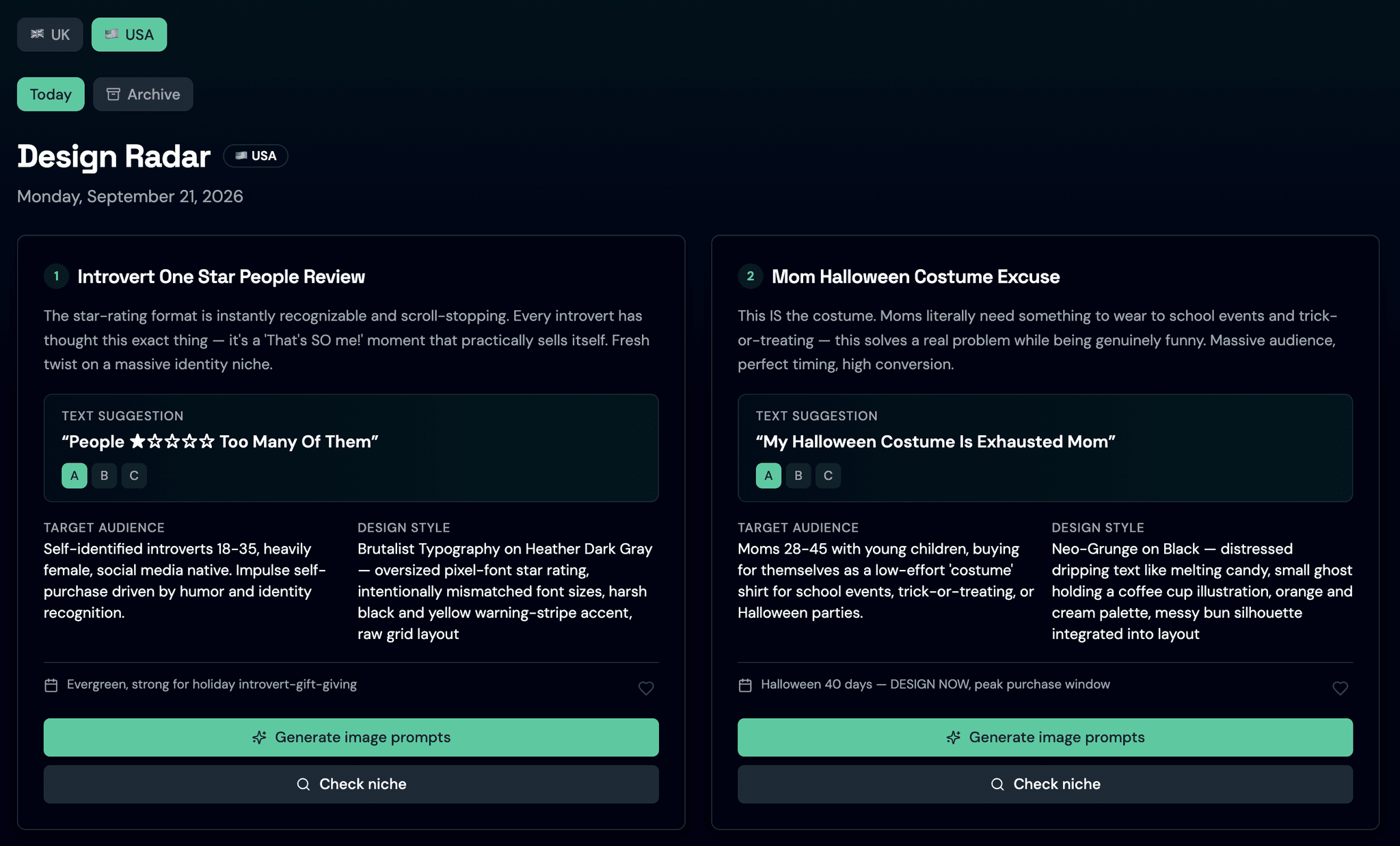 Design Radar dashboard with daily print-on-demand design ideas