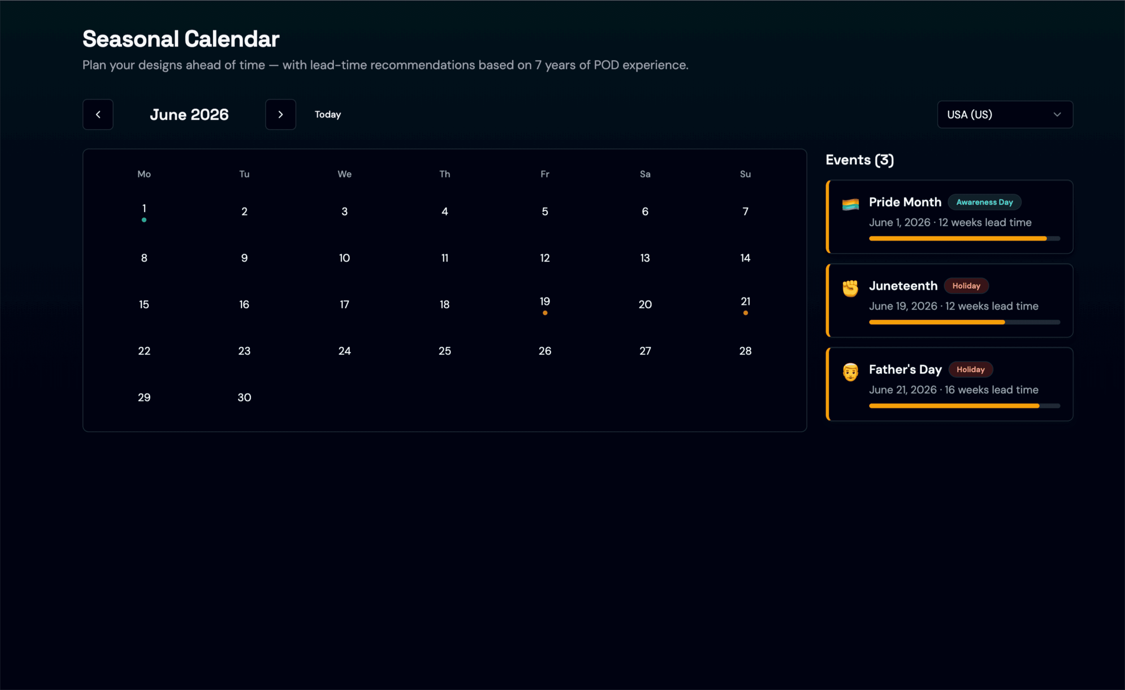 Seasonal Calendar with events and countdown