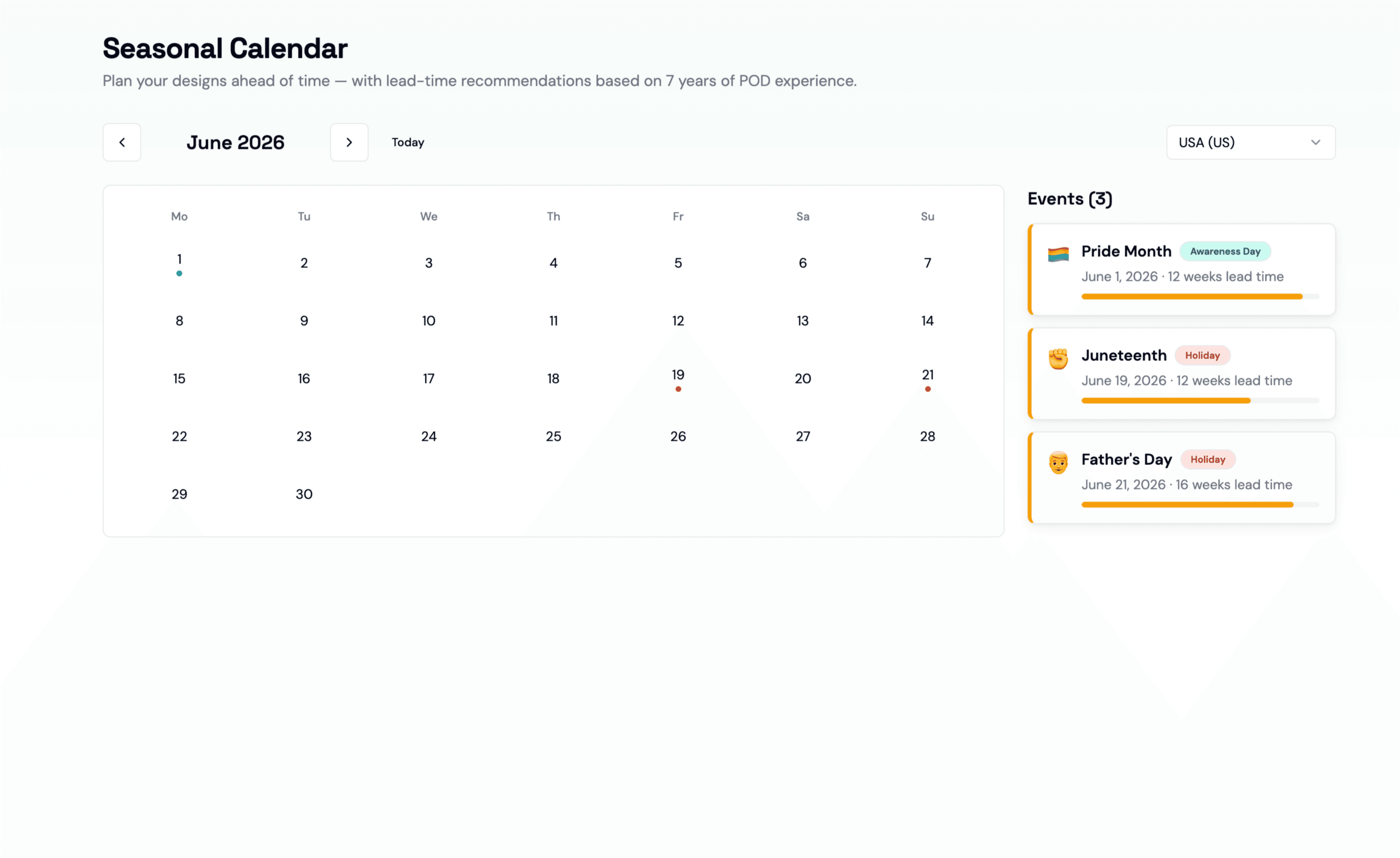 Seasonal Calendar with events and countdown