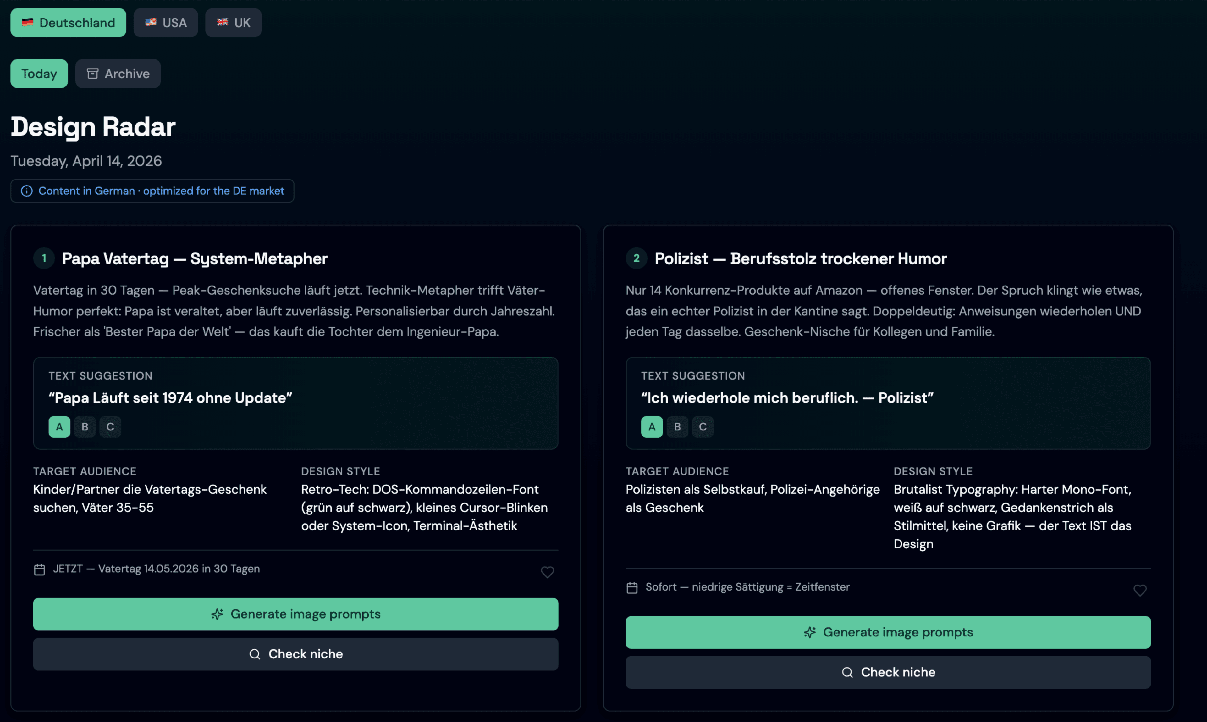 Design Radar dashboard with daily print-on-demand design ideas